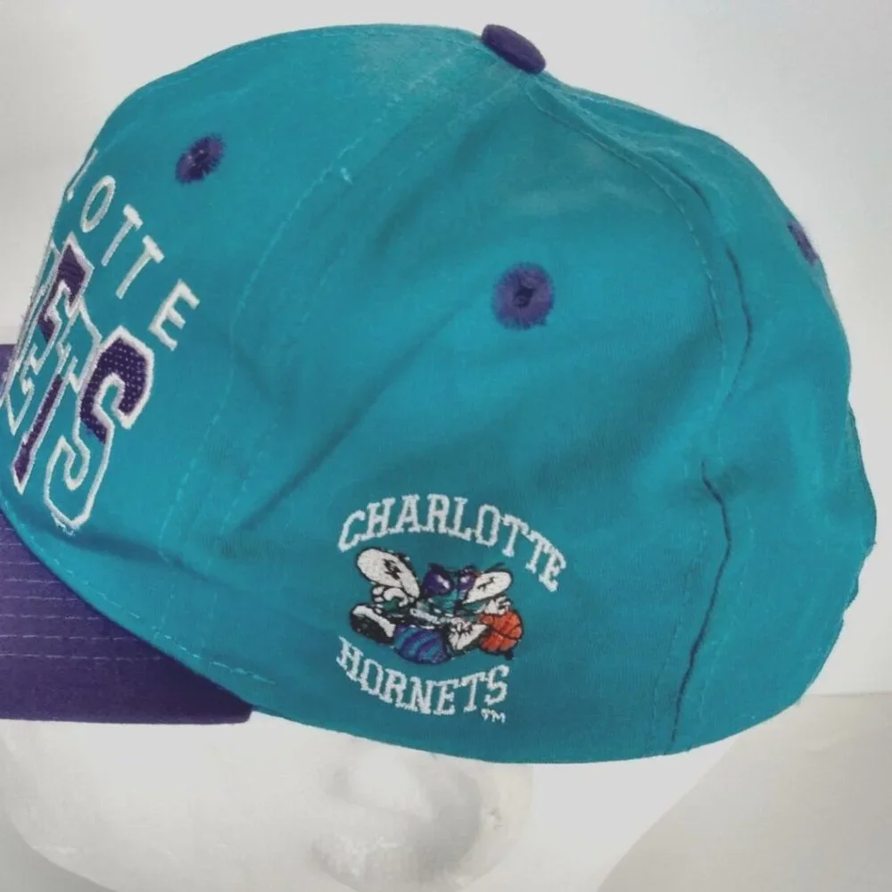 Vtg Charlotte Hornets Snapback Hat Block Letters NBA Product Teal Purple Adjust